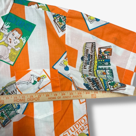 Vintage Zeppelin Studio Lovers Print Button Shirt Mens XL Orange Striped Retro - Picture 5 of 6